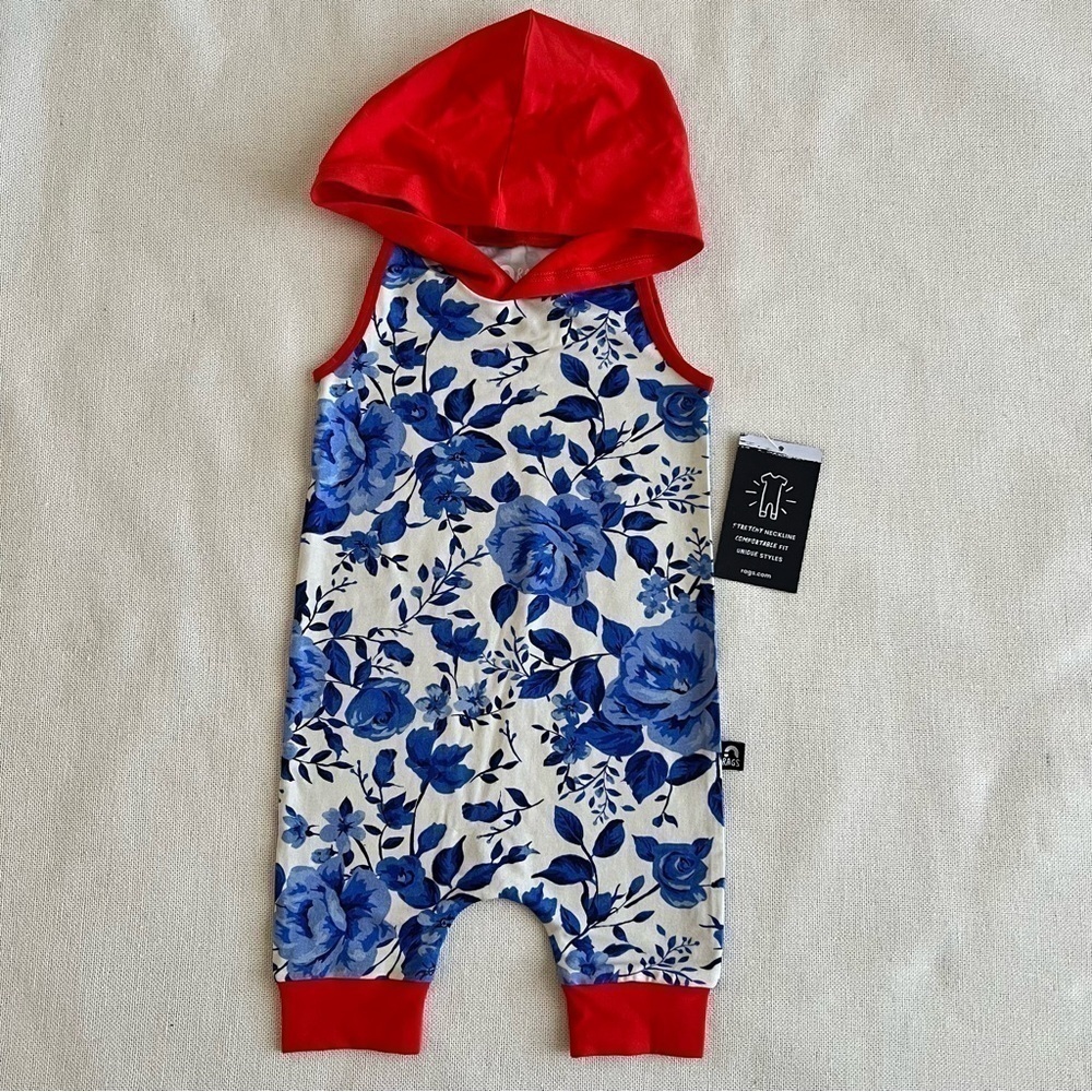 RAGS Sleeveless Hooded Romper NEW blue rose floral with red hoodie and trim